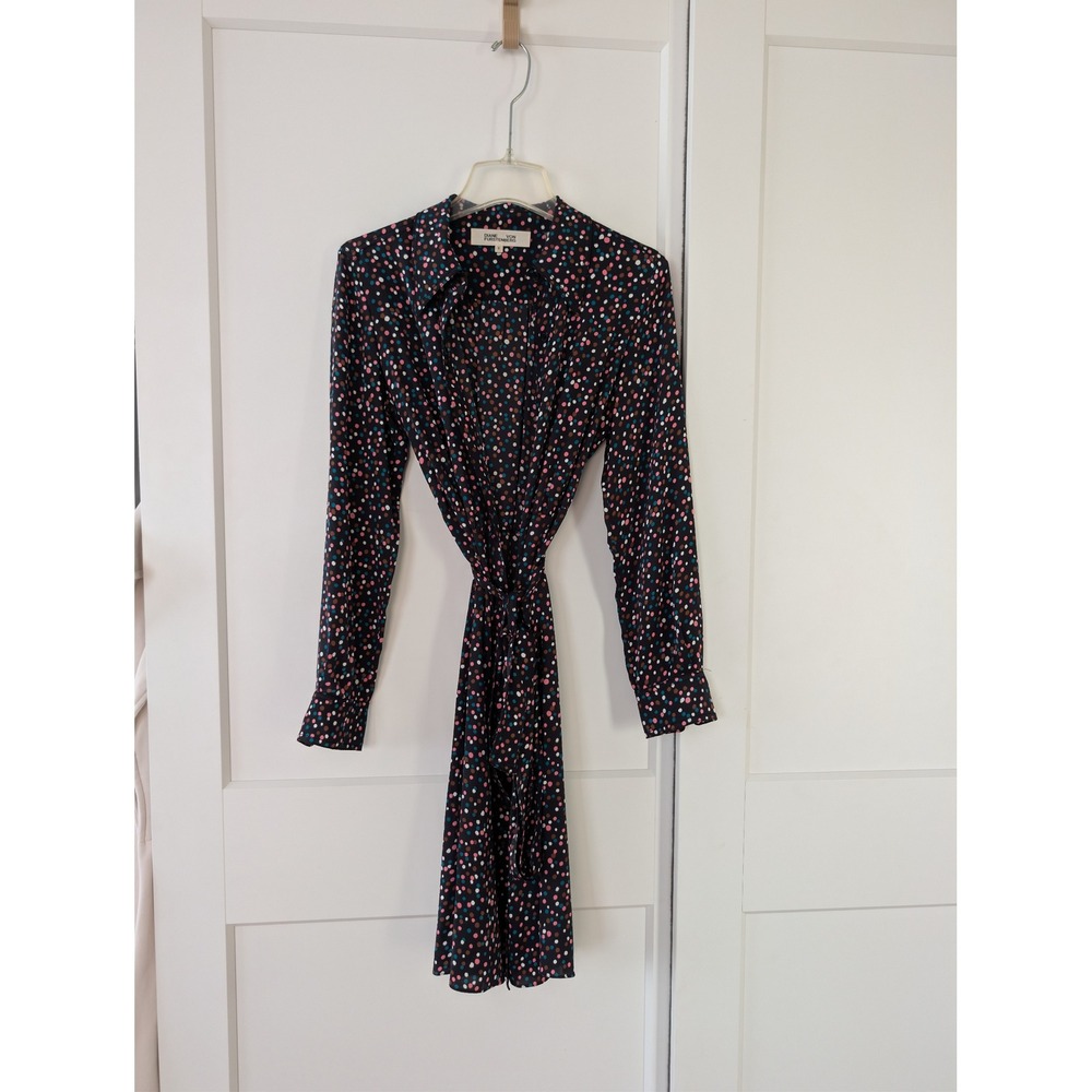 Diane von Furstenberg Silk Black Confetti Polka Dot Shirt Dress Multi Size S - Picture 2 of 5